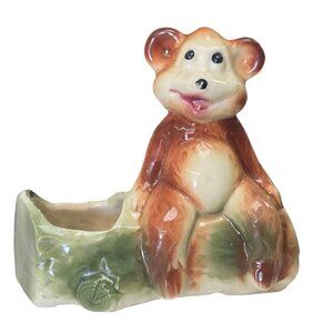 Vintage American Bisque Pottery Bear on Log Ceramic Succulent Planter